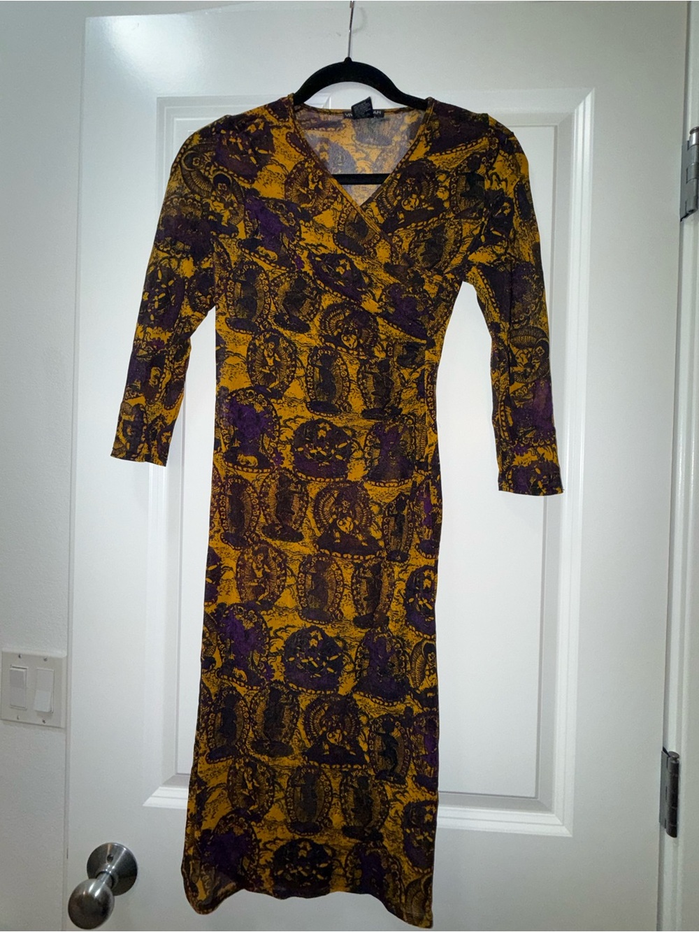 Rare Archival Vivienne Tam Buddha Print Mustard and Purple 3/4 Sleeve Dress